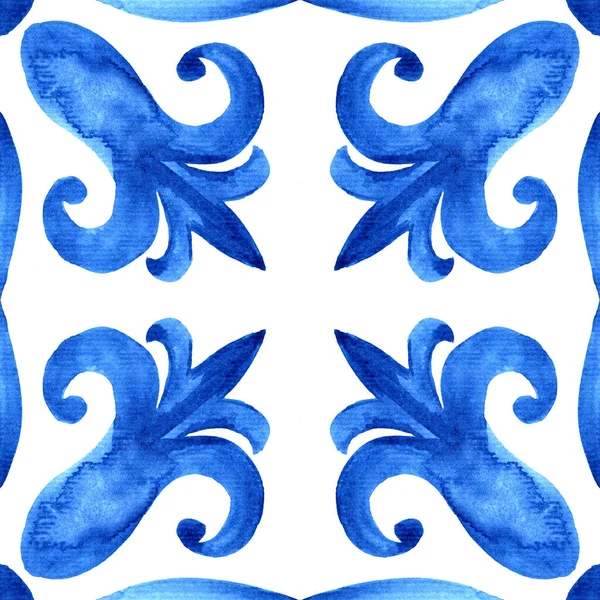 Azulejo Portugués Azul Blanco Magnífico Patrón Sin Costuras Acuarela Pintada —  Fotos de Stock