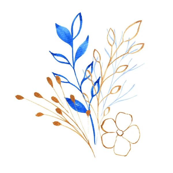 Akvarell Blå Och Guld Blommig Bukett Lyx Botanisk Sammansättning För — Stockfoto