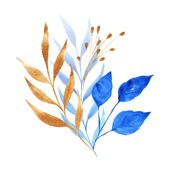 Akvarell Blå Och Guld Blommig Bukett Lyx Botanisk Sammansättning För — Stockfoto