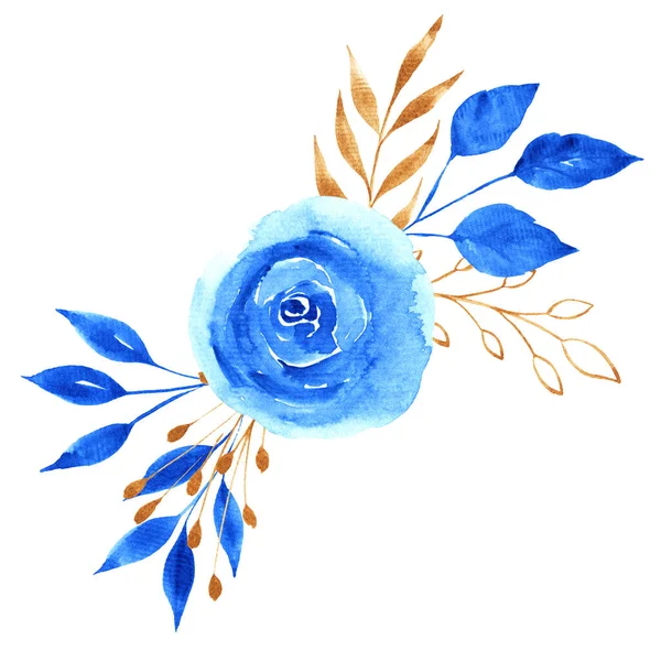 Akvarell Kék Arany Virágcsokor Luxus Botanikai Összetétel Esküvői Vagy Üdvözlőkártyákhoz — Stock Fotó