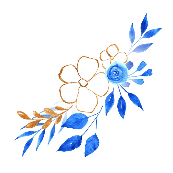 Акварельний Синій Золотий Квітковий Букет Розкішна Ботанічна Композиція Весільних Або — стокове фото