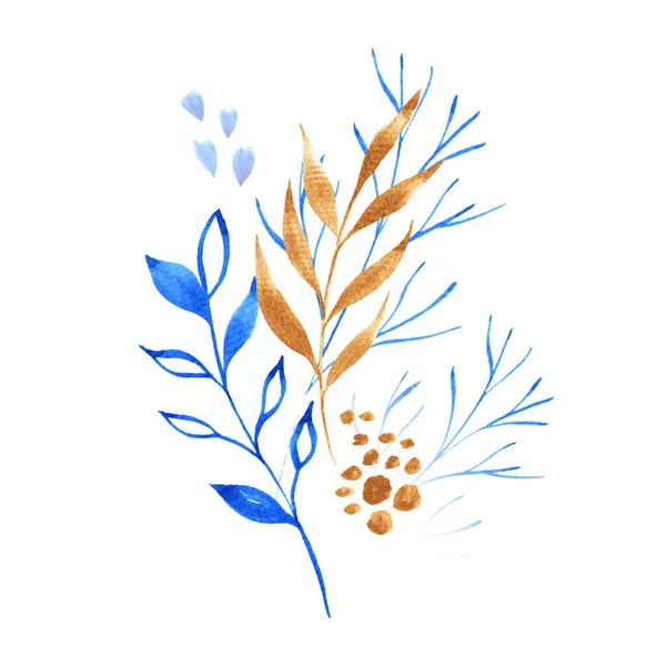 Akvarel Modrá Zlatá Květinová Kytice Luxusní Botanická Kompozice Pro Svatební — Stock fotografie