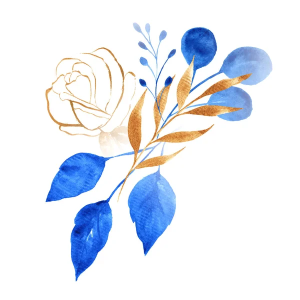 Aquarel Blauw Goud Bloemen Boeket Luxe Botanische Samenstelling Voor Bruiloft — Stockfoto