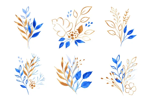 Zestaw Akwareli Niebieski Złoty Bukiet Kwiatowy Luksusowe Kompozycje Botaniczne Kartek — Wektor stockowy