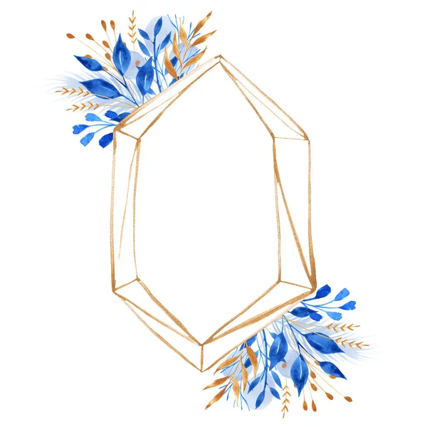 Геометрическая Рамка Золота Голубыми Цветами Листьями Акварелью Многоугольная Рама Место — стоковое фото