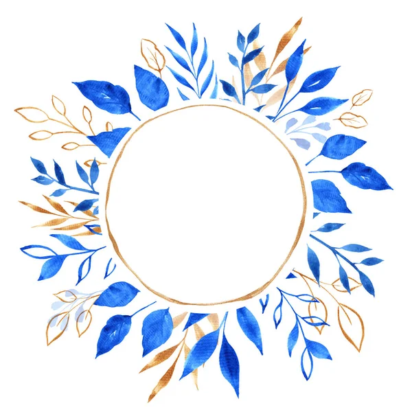 Χρυσό Glitter Γεωμετρικό Πλαίσιο Μπλε Λουλούδια Και Φύλλα Ακουαρέλα Στρογγυλό — Φωτογραφία Αρχείου