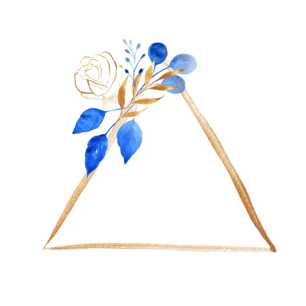 Goud Glitter Geometrisch Frame Met Blauwe Bloemen Bladeren Aquarel Driehoekig — Stockfoto