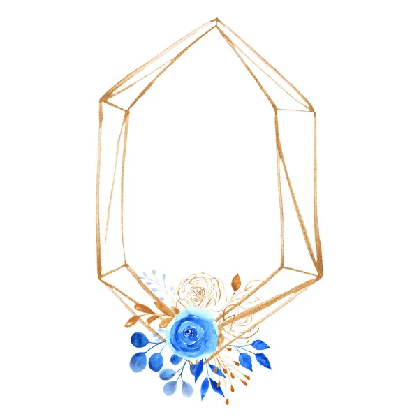 Cornice Geometrica Glitter Oro Con Fiori Blu Foglie Acquerello Telaio — Foto Stock