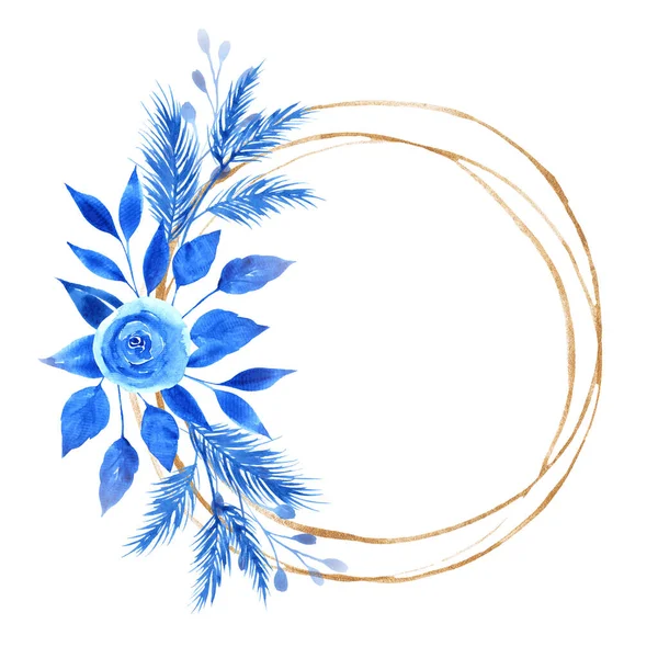 Marco Geométrico Brillo Dorado Con Flores Azules Hojas Acuarela Marco —  Fotos de Stock