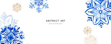 Beyaz üzerine mavi ve altın kar taneleri olan kış suluboya arka plan. Kış afişi tasarım şablonu. Mesajın için yer aç. Vektör illüstrasyonu.