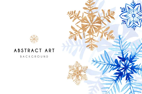 Winter Aquarell Hintergrund Mit Blauen Und Goldenen Schneeflocken Auf Weiß — Stockvektor