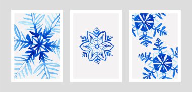 Beyaz arka planda mavi suluboya kar taneleri olan duvar resimleri. İç mekan için güzel bir dekorasyon. Vektör.