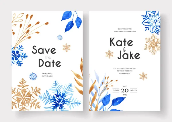 stock vector Set of winter wedding cards with blue and gold snowflakes and florals on white background. Hand painted watercolor. Save the date. Vector.