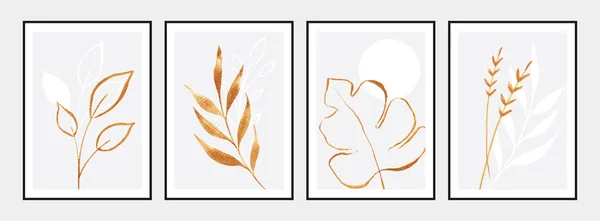 Σύνολο Αφισών Τέχνης Τοίχου Χρυσαφί Ακουαρέλα Φύλλα Λευκό Φόντο Όμορφη — Διανυσματικό Αρχείο