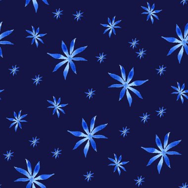 Mavi suluboya içinde deniz yıldızları olan kusursuz bir desen. Derin maviye boyanmış el yapımı deniz çizimi. Tasarım, kumaş veya arkaplan için