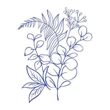 Bouquet of beautiful herbs, eucalyptus and fern branches. Hand drawn Botanical Illustration with blue ink. Vector outline. Blue on white.