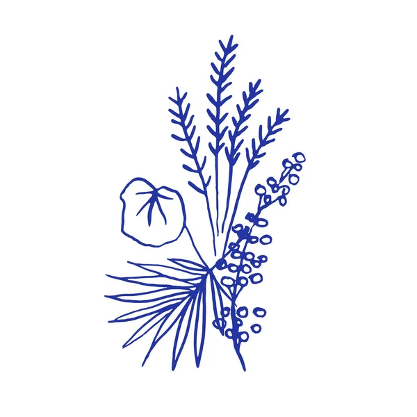 美しいハーブの花束 青インクで植物イラストを手描き ベクトルアウトライン 白の青 — ストックベクタ