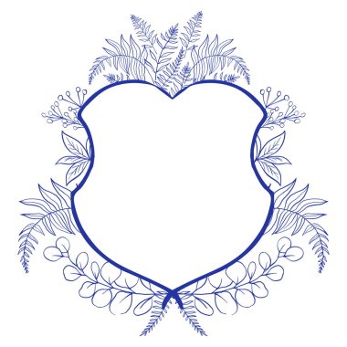 Blue and white wedding Crest template with herbs, eucalyptus and fern branches. Chinoiserie inspired. Perfect for wedding design, invitations and greeting cards. Vector clipart