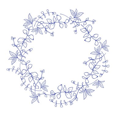 Bitkilerle botanik çelengi. Beyaz üzerine mavi mürekkeple çizilmiş el çizimi. Düğün davetiyesi, kartlar ve kâğıtlar için mükemmel. Vektör