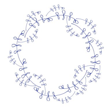 Bitkilerle botanik çelengi. Beyaz üzerine mavi mürekkeple çizilmiş el çizimi. Düğün davetiyesi, kartlar ve kâğıtlar için mükemmel. Vektör
