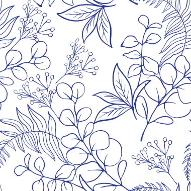 Beyaz arka planda mavi eğreltiotu buketi, okaliptüs ve otlarla kusursuz desen. Chinoiserie 'den esinlendim. Tekstil, düğün tasarımı ve kırtasiye malzemeleri için mükemmel. Mavi ve beyaz çizimler. Vektör.
