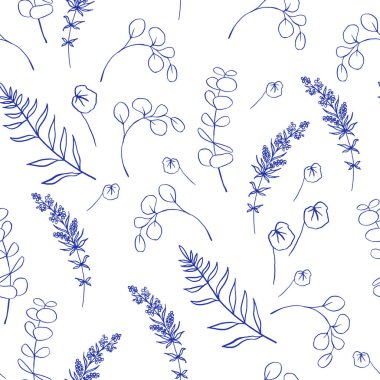 Beyaz arka planda mavi eğreltiotu buketi, okaliptüs ve otlarla kusursuz desen. Chinoiserie 'den esinlendim. Tekstil, düğün tasarımı ve kırtasiye malzemeleri için mükemmel. Mavi ve beyaz çizimler. Vektör.