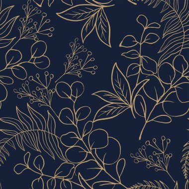 Koyu mavi arka planda bej eğreltiotu buketi, okaliptüs ve bitki desenli lüks, kusursuz desen. Chinoiserie 'den esinlendim. Tekstil, düğün tasarımı ve kırtasiye malzemeleri için mükemmel. Vektör.