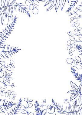 Mavi eğreltiotu, okaliptüs ve otlarla beyaz arka planda dikdörtgen çerçeve. Chinoiserie 'den esinlendim. Mükemmel tebrik kartları, düğün tasarımı ve kırtasiye malzemeleri. Mavi ve beyaz çizimler. Vektör.
