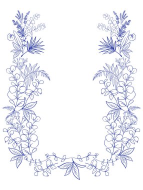 Rectangle frame with Blue Fern, Eucalyptus and Herbs on white background. Chinoiserie inspired. Perfect greeting cards, wedding design and stationery. Blue and white illustration. Vector. clipart