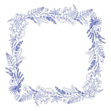 Rectangle frame with Blue Fern, Eucalyptus and Herbs on white background. Chinoiserie inspired. Perfect greeting cards, wedding design and stationery. Blue and white illustration. Vector. clipart