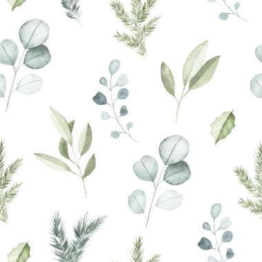 Okaliptüs, zeytin yaprağı ve çam dalları da dahil olmak üzere yemyeşil yemyeşil, botanik tasarımlar, ev dekorasyonu ve mevsimlik tekstil için mükemmel el boyası kusursuz bir desen..