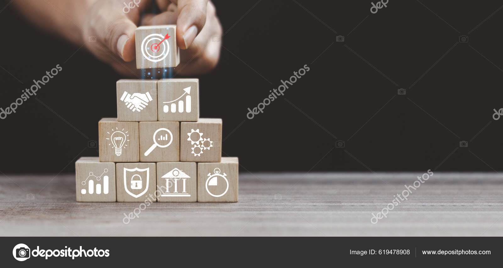 Hand Arranging Wood Block Stacking Business Strategy Action Plan