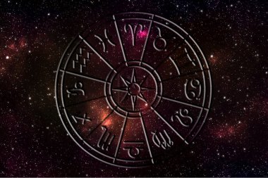 Burç dairesinin içinde burç işaretleri var. Astroloji gökyüzünde birçok yıldız ve ay ile astroloji ve burçlar kavramı 