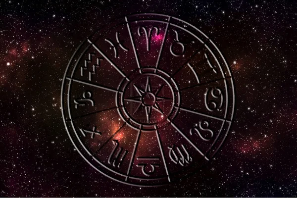 Знаки Зодіаку Всередині Кола Гороскопа Астрологія Небі Багатьма Зірками Супутниками — стокове фото