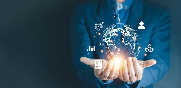 Businessman Holding Virtual World Icons Connection Line Data Exchange Globalization — Foto de Stock