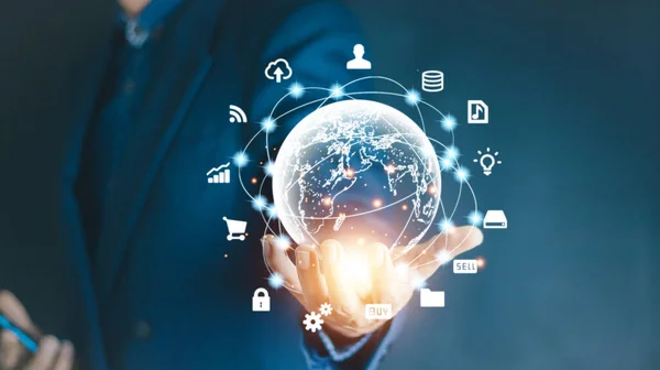 Businessman Holding Virtual World Icons Connection Line Data Exchange Globalization — Stok fotoğraf