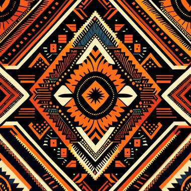 Ikat kabilesinin kusursuz deseni. Etnik Aztek kumaşlı halı mandala süsü yerli boho sembolü tekstil.
