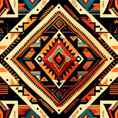 Ikat kabilesinin kusursuz deseni. Etnik Aztek kumaşlı halı mandala süsü yerli boho sembolü tekstil.