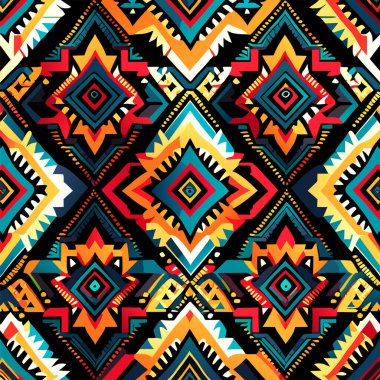 Ikat kabilesinin kusursuz deseni. Etnik Aztek kumaşlı halı mandala süsü yerli boho sembolü tekstil.