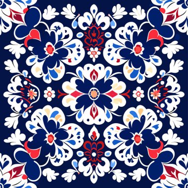 Ikat çiçekli desenli işlemeli lacivert arka plan. Geometrik etnik doğulu geleneksel desen..