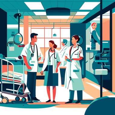 Steteskoplu beyaz önlüklü doktorlar ve hemşireler, kolları bağlı bir şekilde ayakta duran hastane sağlık personeli..