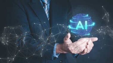 Teknoloji ve insan konsepti adamı yapay zeka, yapay zeka ve yapay zeka kavramına yardım etmek için yapay zekayı kullanır. İş, modern teknoloji, internet ve ağ kurma kavramı. Günlük yaşamda yapay zeka teknolojisi.