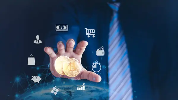 Business and finance, saving, investing with digital assets The future of finance: Bitcoin, spending with digital money for transactions in the online world, digital money