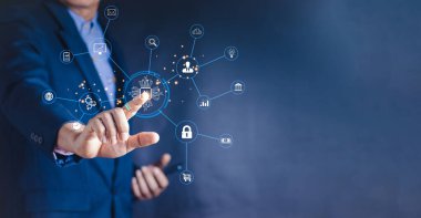 Ai Tech, iş adamı Sanal Küresel İnternet bağlantısı göster Yapay Zeka, Yapay Zeka ile sohbet et. komut komutu kullanarak bir şey üretebilirsiniz, gelecekteki teknoloji dönüşümü.