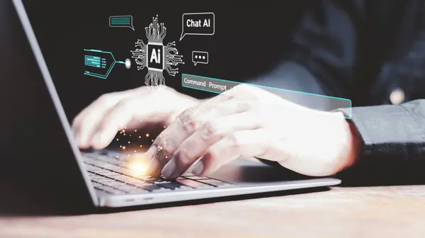 man using the website or software technology AI to help and support work for chatbot, chat ai, generate image, write code, and data analysis using technology smart robot AI