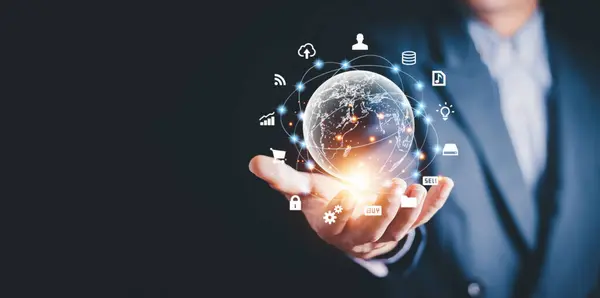 Businessman Holding Virtual World Icons Connection Line Data Exchange Globalization — Stok fotoğraf