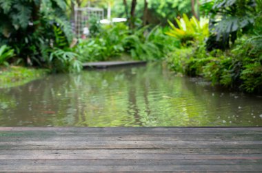 Yeşillik fidanlığının önündeki kırsal ahşap masa..