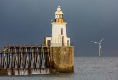 Kuzey Denizi 'ne uzanan eski ahşap iskeledeki Blyth sahilinde dondurucu, karlı bir sabah