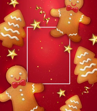 Mutlu Noeller. 3 boyutlu gerçekçi zencefilli kurabiye, ağaç kurabiyeleri ve altın kurdele yıldız süslemeleri.