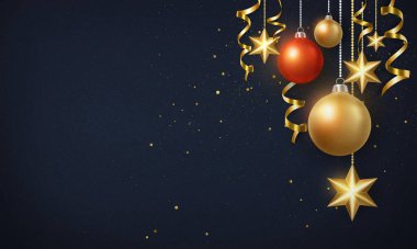 Mutlu Noel kompozisyonu 3D gerçekçi altın kurdele yıldız süslemesi ve kırmızı takı topları